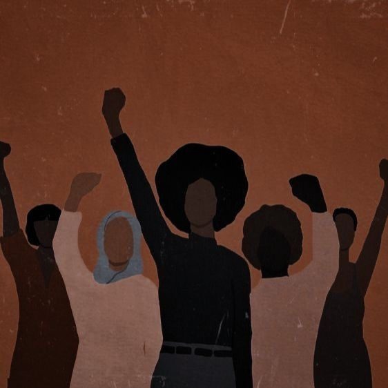 Illustration of six women standing together with fists raised, in cut-paper silhouettes on a terracotta ground.