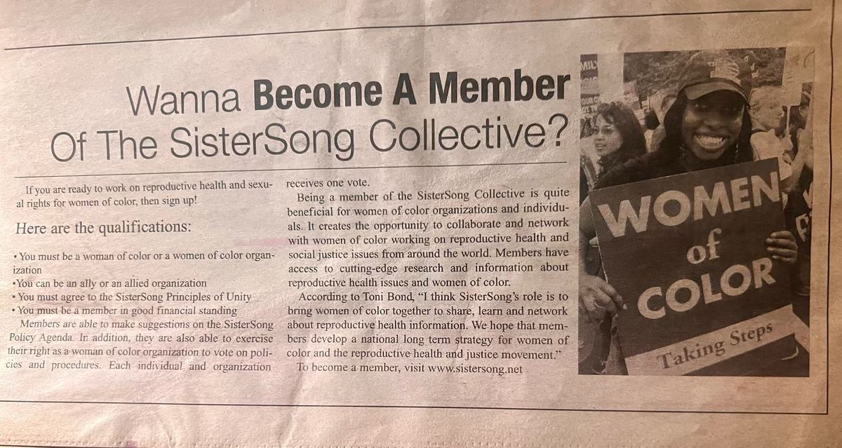 Newspaper clipping headed &ldquo;Wanna Become A Member Of The SisterSong Collective?&rdquo;, listing the qualifications for membership beside a photograph of a smiling marcher holding a sign that reads Women of Color, Taking Steps.